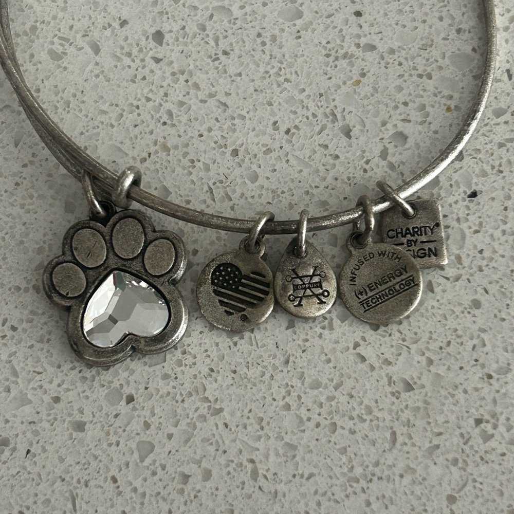 Alex & Ani Silver Charm Bracelet with Paw Print and Heart Charms